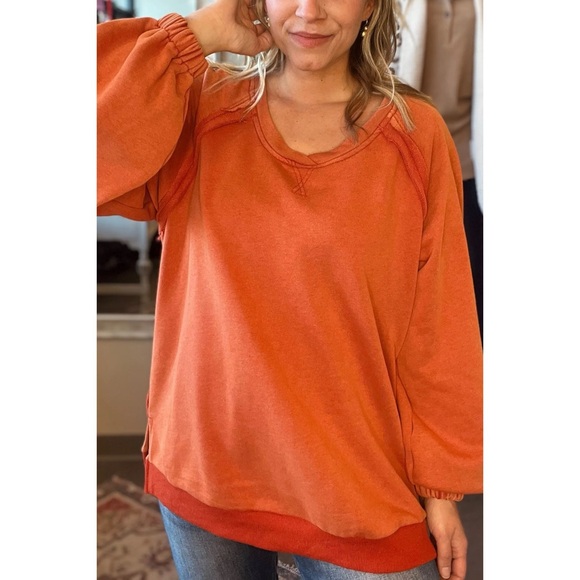 POL Rusted Orange Criss Cross Back Slouchy French Terry Pullover - Picture 2 of 12